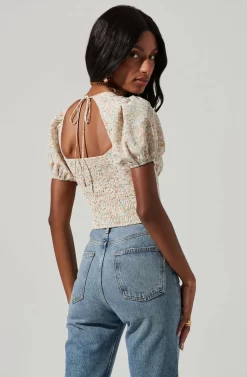 Cupped Floral Short Puff Sleeve Hook And Eye Top -ASTR the Label Store AT17230 BLUEPEACHDITSY 1232 1 scaled