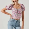 Lace Up Floral Puff Sleeve Top