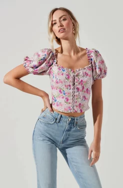 Lace Up Floral Puff Sleeve Top