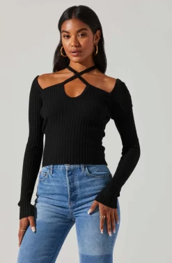 Criss Cross Long Sleeve Ribbed Sweater