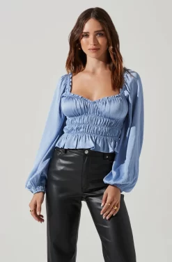 Rowan Satin Peplum Hem Long Sleeve Top -ASTR the Label Store AT17542 BLUE 3 scaled
