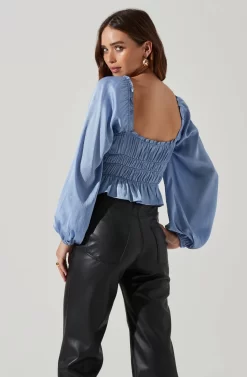 Rowan Satin Peplum Hem Long Sleeve Top -ASTR the Label Store AT17542 BLUE 4 scaled