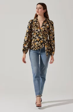 Asymmetrical Collared Floral Wrap Top -ASTR the Label Store AT17922 BLACKYELLOWFLORAL 2 scaled