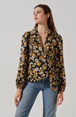 Asymmetrical Collared Floral Wrap Top -ASTR the Label Store AT17922 BLACKYELLOWFLORAL 3 scaled